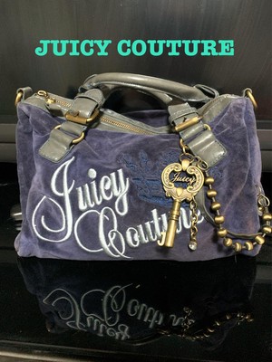 Rare Juicy Couture Navy Suede-Like Heart Logo Charm Bag Y2K Double Handle