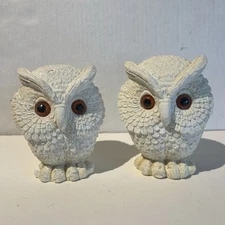 Set 2-NORLEANS MCM England Alabaster Salt Stone Owl Orange Eyes Figurine 5” Flaw