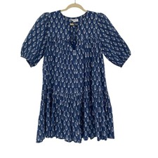 Emerson Fry India Collection Blue Floral Block Print Mini Peasant Dress XS/S