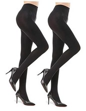 2 Pairs Semi Opaque Tights for Women - 70D Microfiber Control Top Large Black
