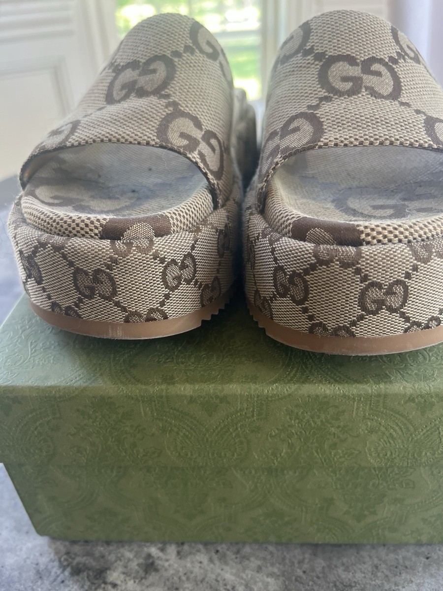Gucci GG Logo Platform Slide Sandals Beige Brown Canvas Women's