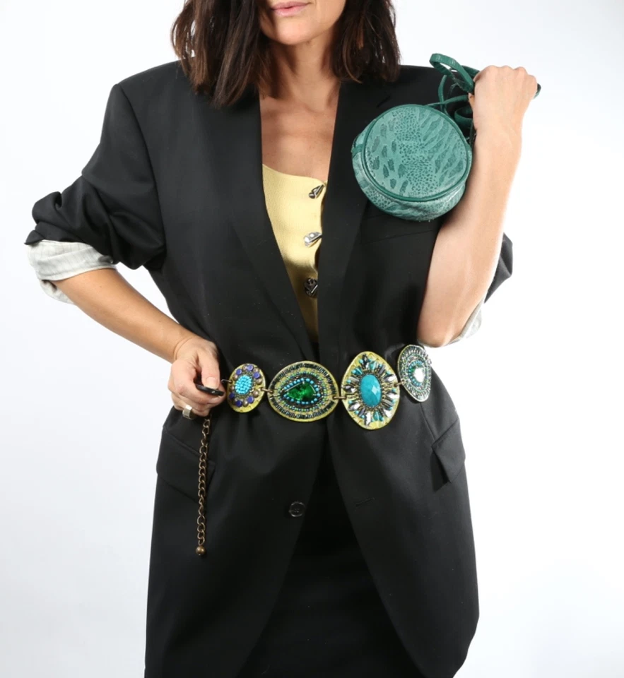 Conjunto De Colección Cinturón Concho Estrás con Cuero Verde Redondo Bandolera Raro Foto 2 de 4