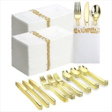 400 PCS Gold Plastic Silverware with Pocket Napkins for 100 Guests, Heavy Dut...