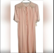 Vintage Miss Elaine Satin Pastel Pink Button Up Sheer Lace Peignoir Robe Size S