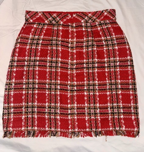 Falda clásica de tweed con flecos a cuadros Ann Taylor roja 578511 talla 4 parte superior de la rodilla nueva sin etiquetas - Imagen 4 de 17