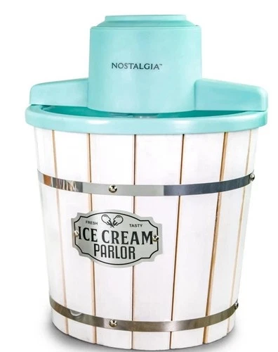 Nostalgia 4-Quart Parlor Wood Electric Ice Cream Maker - White & Aqua
