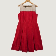 Talbots Red Colorblock Linen Blend Pleated Fit Flare Dress Pockets Womens 12