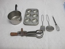 5pc Vtg Childs Stainless Steel Cook Set Saucepan Muffin Tin Beater Whisk Spatula