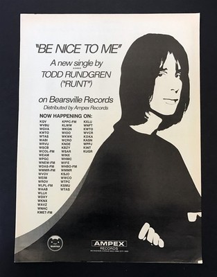 Todd Rundgren Be Nice To Me 1971 Short Print Poster Type Ad, Promo Advert