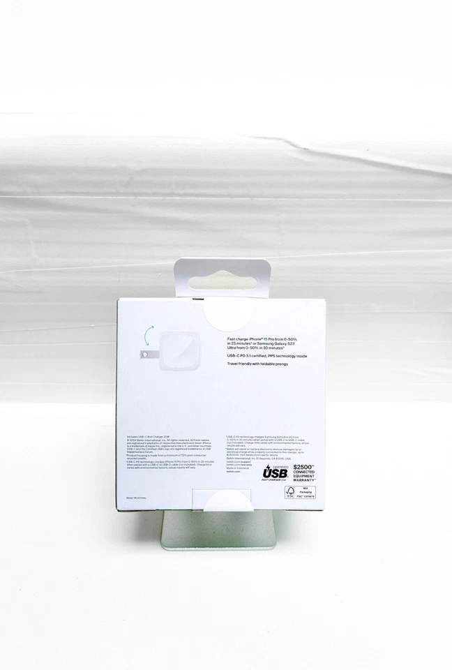 Belkin 20W Fast Charge USB-C Wall Charger - White Foldable BRAND NEW SEALED NIB - Image 2 of 2