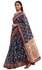 Linen Cotton Ajrak Digital Print Saree with Print Blouse, blue and Multcolour