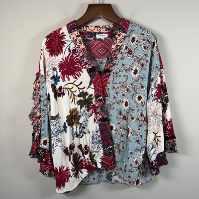 Umgee Boho Mixed Pattern Crossover V-Neck Ruffled Sleeve Blouse Large