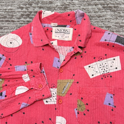 #ad Vtg 90s Men International News XL Faded Red Atomic MCM Colorful Long Sleeve READ $29.99
