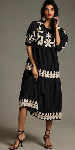 Anthropologie Embroidered Puff-Sleeve Midi Dress Black White XS Petite NWT - 第 1/5 張圖片