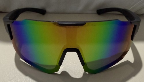 Unisex Wraparound Sports Sunglasses Rainbow Mirror Lens Cycling Black Frame