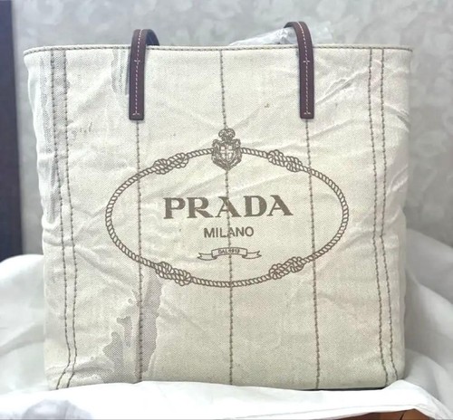 Prada Tote Bag 1BG347 Linen Blend Off-White Brown Used