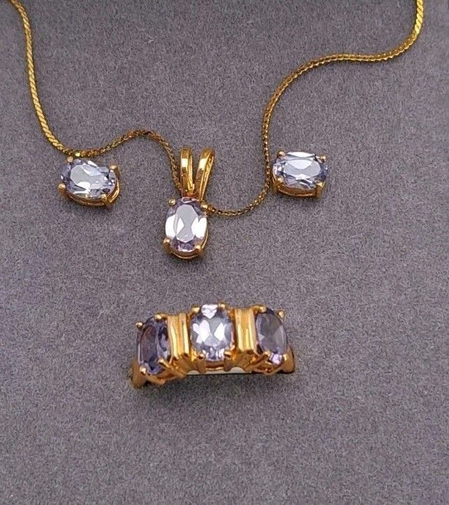 Gold Over .925 Silver Set Ring Necklace Earrings Blue Oval STones