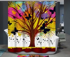 Colorful Tree Butterfly Fabric Shower Curtain Spring Summer Bright Art