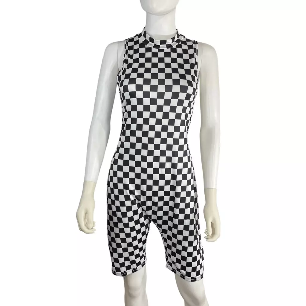 Unbranded Women s Large Black White Checkerboard Jumpsuit Short Sleeve Cowl Neck