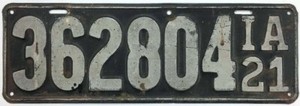 Iowa 1921 License Plate 362804 Original Paint Antique Garage Man Cave Bar Sign