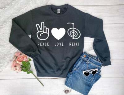 Peace Love Reiki Unisex Black Fleece Sweatshirt , Usui Reiki, Reiki 