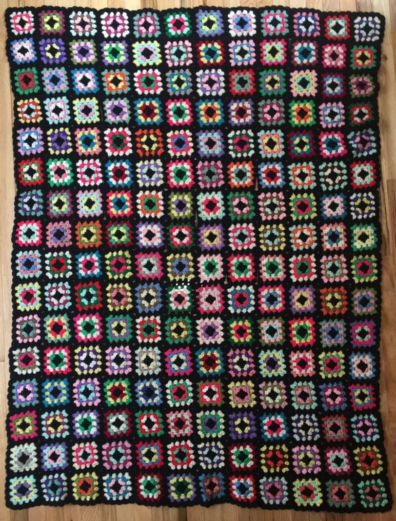 Large VINTAGE Granny Square BLACK Afghan Crochet Throw Blanket