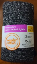 New Girls 2 Pair Wonder Nation Heavyweight Footed Tights Black Red Size M 7 - 8