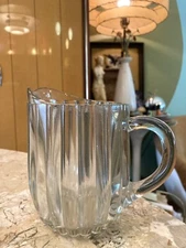 Vintage Small 4.75” Heavy Glass Pitcher Ribbed Sides MCM