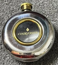Vintage Courvoisier Logo FLASK ~ Round 5oz ~ Stainless Steel & Brass Screw Top