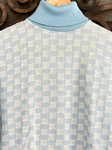 Top Vintage anni '70 Turtleneck M Blu Bianco Geometrico Mod Modello Hippie Base - Foto 6 di 12