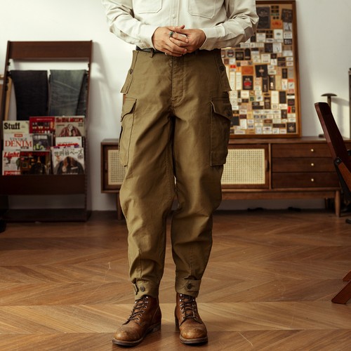 Ground Crew Trousers 1930s Style Mens Tapered Cargo Pants Dark Khaki - Picture 2 of 20