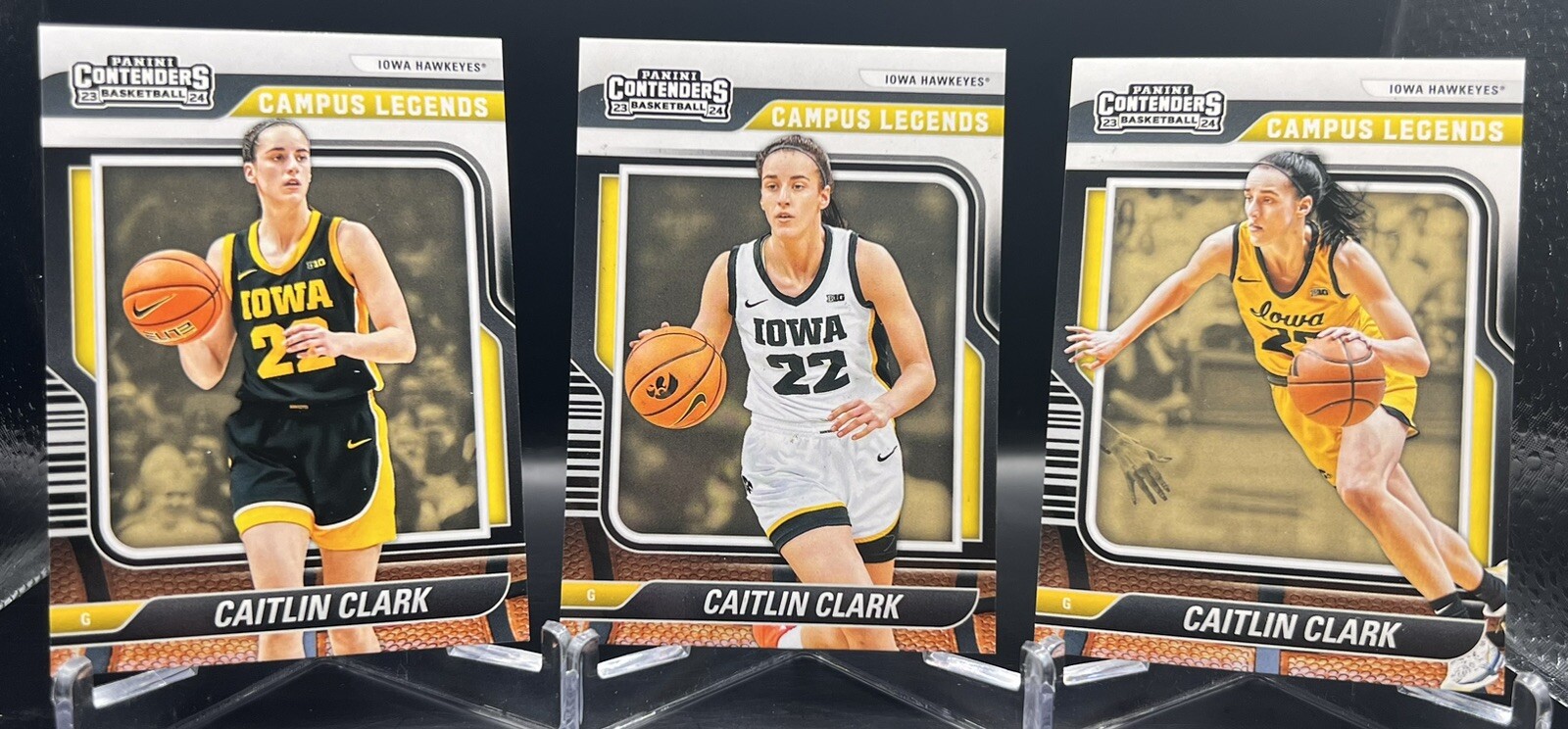 CAITLIN CLARK 2024 Panini Collection CAMPUS LEGENDS (x3) BLACK,WHITE,GOLD 