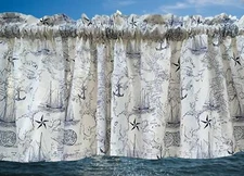 Nautical Boat Map Valance Ocean Ship Navy Outline on Off White Curtain Panel