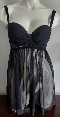 Linea Donatella Black Sheer Tulle Underwire Nightgown Babydoll Chemise! Size M