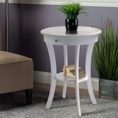 White Wooden End Table Accent Bed Side Drawer Elegant Chic Round Style ...