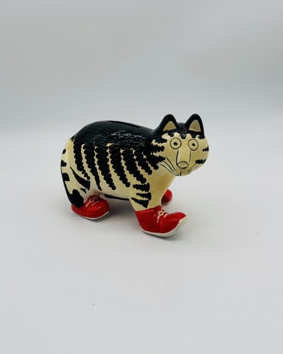 Vintage Takahashi Cat Coin Bank Black White Striped Red Sneaker Kliban Style