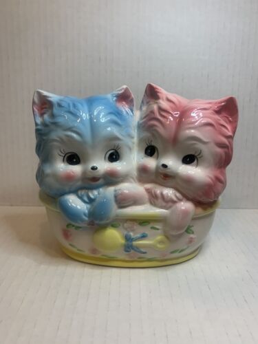 RARE Vintage Kitschy Double Kittens Boy Girl Basket Planter-Japan - Picture 1 of 13
