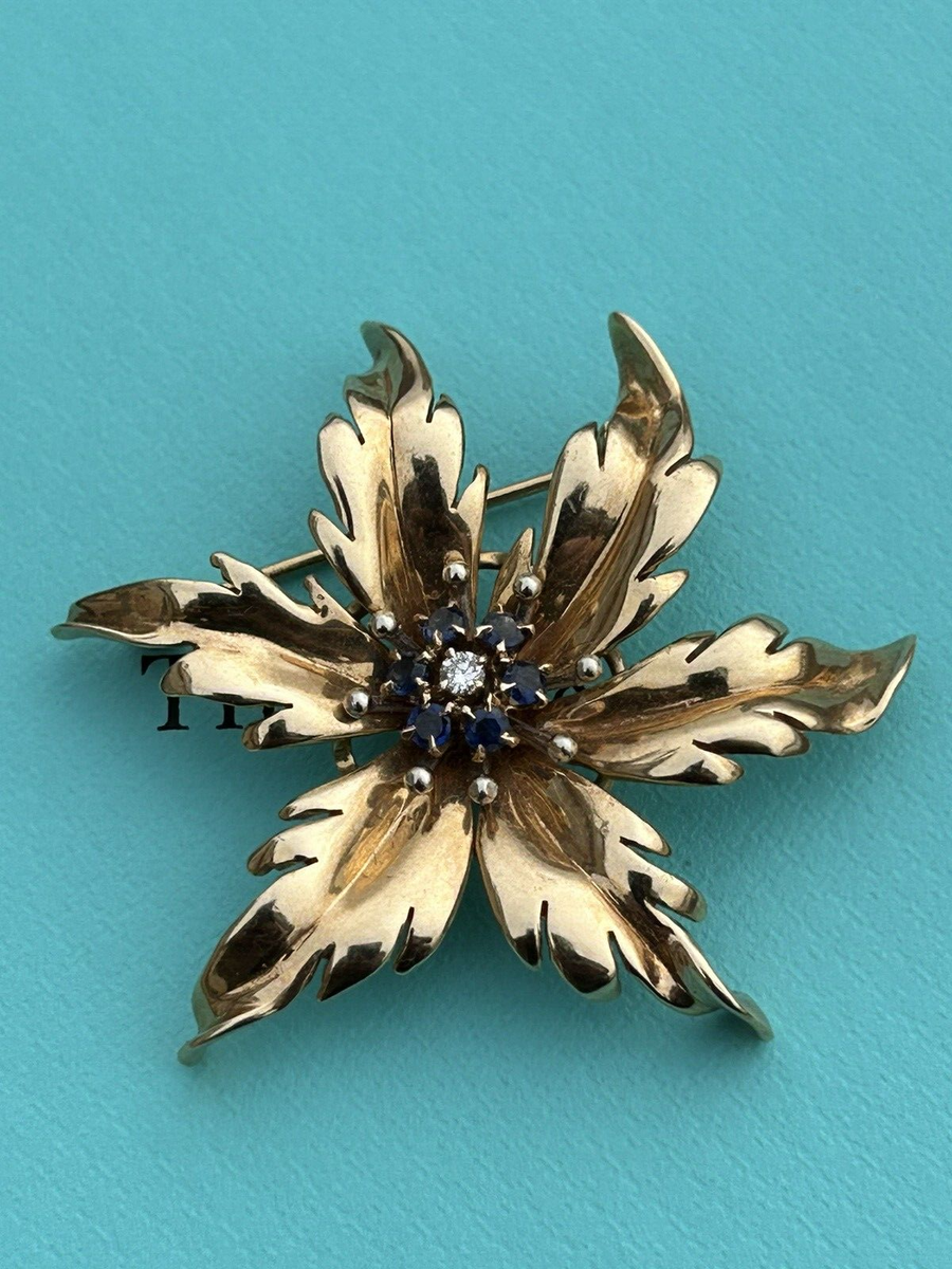 Tiffany & Co 14K Gold Blue Sapphire Diamond Flower Pin Brooch 8.9
