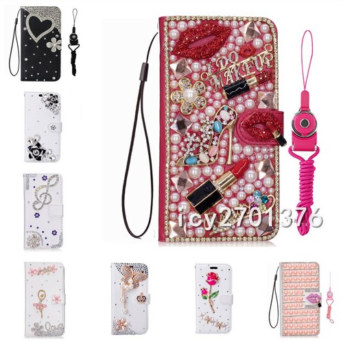 Luxury Bling Diamonds Crystals Leather Flip Wallet Phone Case Cover with straps - Picture 1 of 17