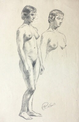  Female Nude Study, Two Standing Women, Monogrammed Chalk Drawing, 1912