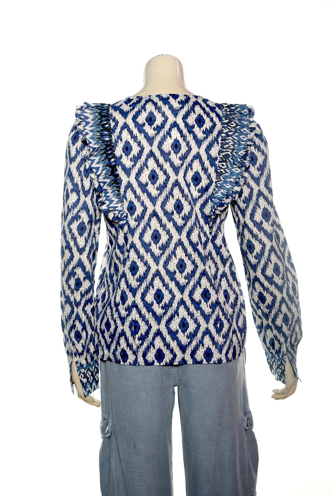 Sezane Boby Blouse Blue Ikat S 36 Women Printed Ruffle Shirt Boho Top NWT 45356