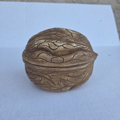 Vintage Walnut Shell Trinket Box Green Glaze Interior Decorative Jewelry Dish