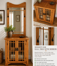 Mission Oak Hall Tree Cabinet w/ Mirror, 2 Glass Doors, 2 Adjustable Shelves