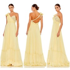Mac Duggal NWT One-Shoulder Chiffon A-Line Tiered Gown Metallic Lemon Size 16