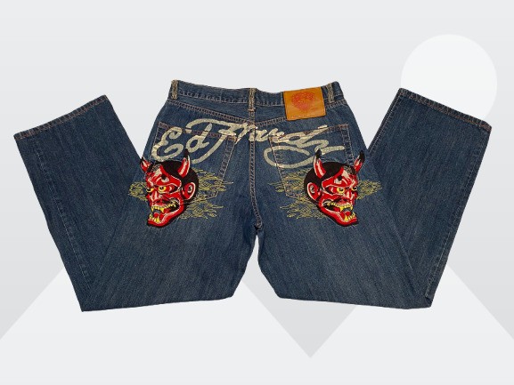 Vintage Ed Hardy Men's Medium Wash Embroidered Devil Head Button