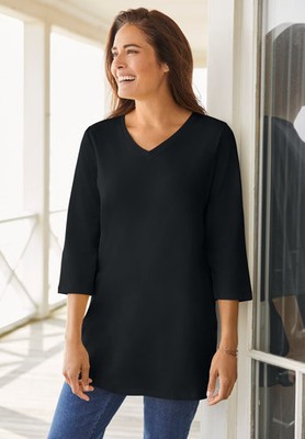 Woman Within Plus Size Perfect Three-Quarter Sleeve V-Neck Tunic