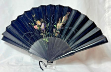 Victorian Mourning Fan Folding Black Satin Painted Flowers  Foliage Black Wood
