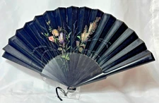 Victorian Mourning Fan Folding Black Satin Painted Flowers & Foliage Black Wood