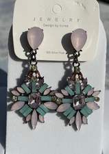 Lg Silver Stud Earrings Art Deco Style Chunky Statement. 2.75” Dangle .925 Posts