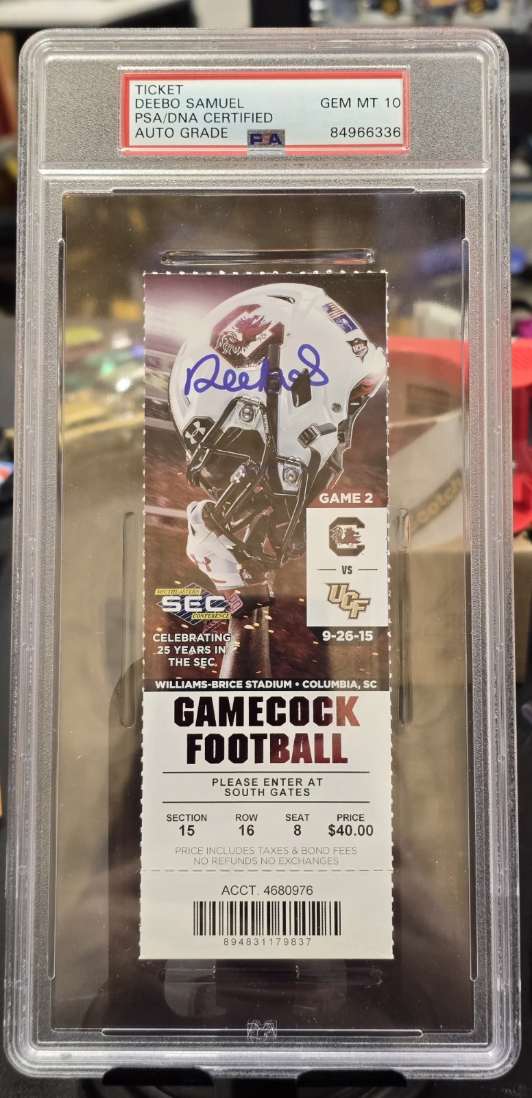 Deebo Samuel 2015 South Carolina Vs UCF Autographed Ticket PSA/DNA 10